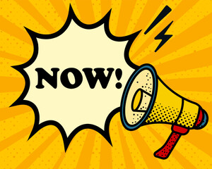 Now speech bubble. Megaphone, lightning, speech burst, sound lines, pop art style, loudspeaker, public speaking, yellow background, expression, voice, alert, broadcast