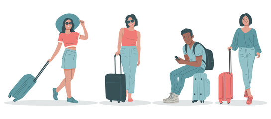 collection de personnages féminins et masculins avec leur valises, prêts a partir en vacances - Départ en voyage - Hommes et femme souriants en tenues estivales, tenant leur bagage ou valise