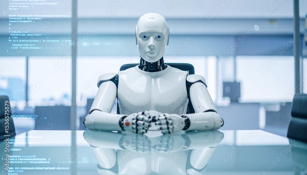 Poster a close-up shot of an advanced robot in a modern office setting, seated confidently at a table. the 
