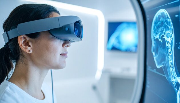 A woman is immersed in virtual reality, wearing VR headset and examining digital data. Modern technology meets medical science. - Powered by Adobe