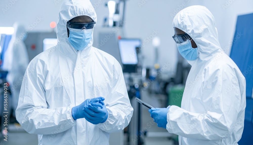 Poster two scientists in protective suits collaborate inside a high-tech laboratory. they are immersed in t