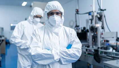 Two scientists in protective suits standing in a cleanroom environment. They appear focused and professional.