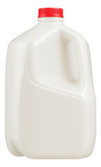 Large plastic milk jug with a red screw cap and a built-in handle on transparent background.