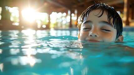 Boy relaxing poolside, sunlit water