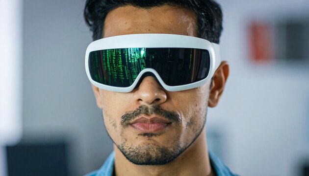 A man with tanned skin and a goatee wearing augmented reality glasses looking toward. - Powered by Adobe