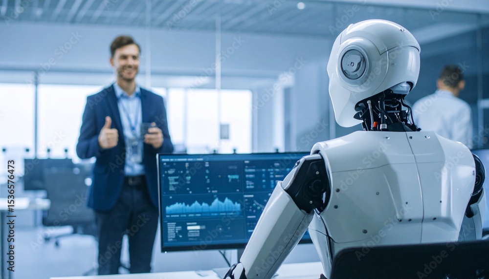 Poster man and robot collaboration in a modern office: the scene depicts a man interacting with a robot in 