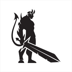Obraz premium Demon Warrior Silhouette with Sword and Tail Vector Icon