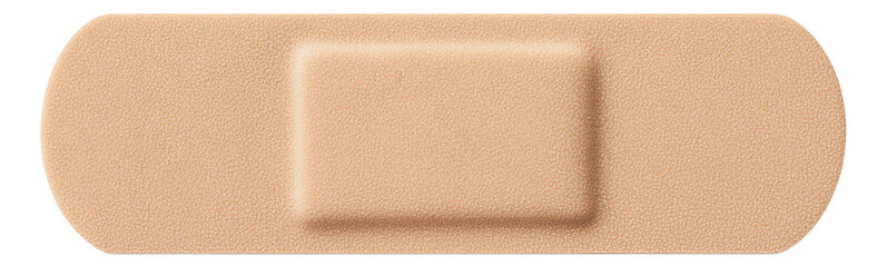 Beige adhesive bandage with a central pad for first aid and wound protection on transparent background.