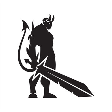 Demon Warrior Silhouette with Sword and Tail Vector Icon