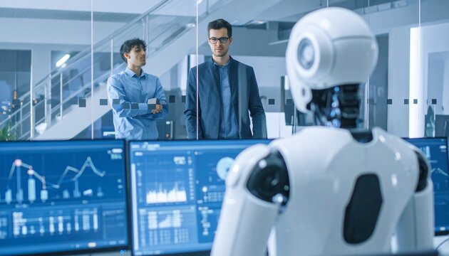 Two men with a robot looking at data on a computer screen in a tech office setting