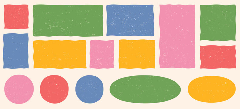 Hand drawn grunge textured text box frames set with uneven doodle wavy edge. Colorful rectangles squares circles ovals collection. Retro vintage aged distressed vector banners borders templates