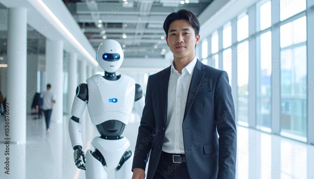 Poster a man with a robot in a futuristic hallway. they are a symbol of human-robot collaboration and techn