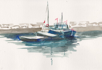 sketch, yacht near bank
