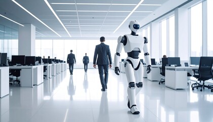 A futuristic office with a robot walking towards the viewer, along with several people in suits