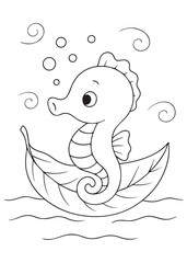 Coloring book  seahorse sailing peacefully in a leaf boat on gentle waves