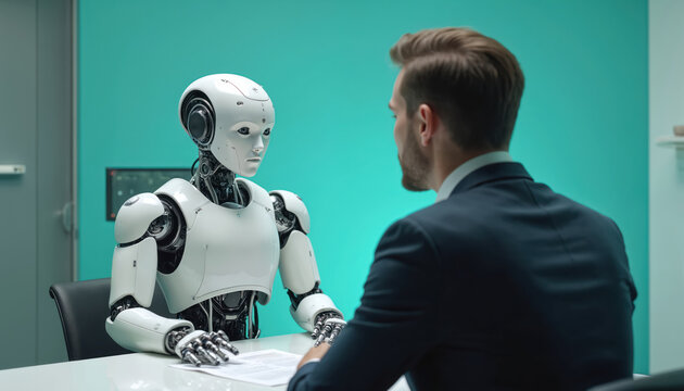 Robot conducts job interview with human candidate. Artificial intelligence assesses potential employee. Future of tech, automation, hiring process, workplaces, employment. Innovation, digital skills