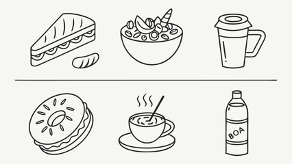 Line art illustrations of breakfast and brunch foods