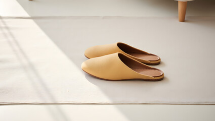 Old slippers on rug in minimalist style with neutral colors  