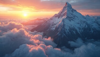 Majestic snow-capped mountain peak at sunset. Clouds and valley below. Golden light illuminates snow covered summit during golden hour. Adventure travel, hiking, climbing, winter holidays concept.