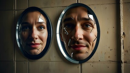 there is a man and woman looking at each other in the mirror 