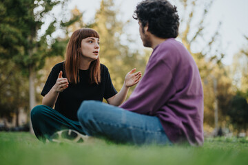 A young couple sits on the grass, engaged in a meaningful conversation in a peaceful park setting....