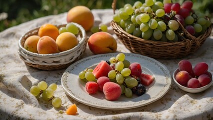Flat lay of an elegant summer picnic board with fruit and cheese. Soft natural lighting, subtle textures and pastel hues ideal for gourmet and seasonal food stock.