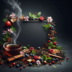 A dark background with a bowl of steaming tea surrounded by fresh fruits, herbs, and spices. Decorative elements include flowers and a blank frame.