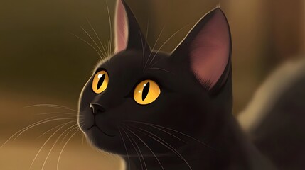 Adorable Black Cat with Bright Yellow Eyes Digital Art