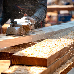 Male carpenter hand using an electric planer on wooden plank in workshop. Woodworker planing timber at construction site with sawdust spreading around. Work tool for carpentry. Lumber industry concept