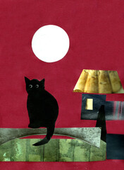 Black cat walking on a moonlit night
