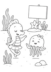 Coloring book seahorse and jellyfish friends with a starfish and blank sign underwater