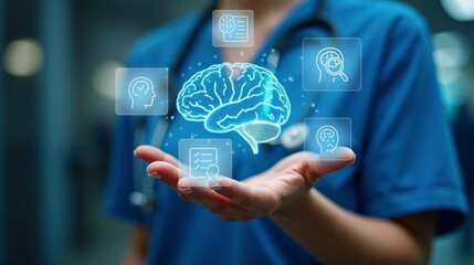 Doctor presents a holographic brain model with Neurology and Brain Icons for Brain protection with habit concept.