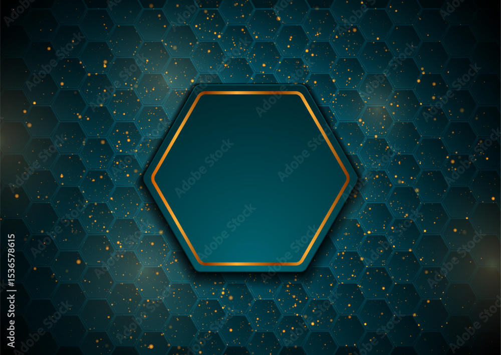 Poster dark blue geometric polygonal pattern with golden dots, abstract background. vector design