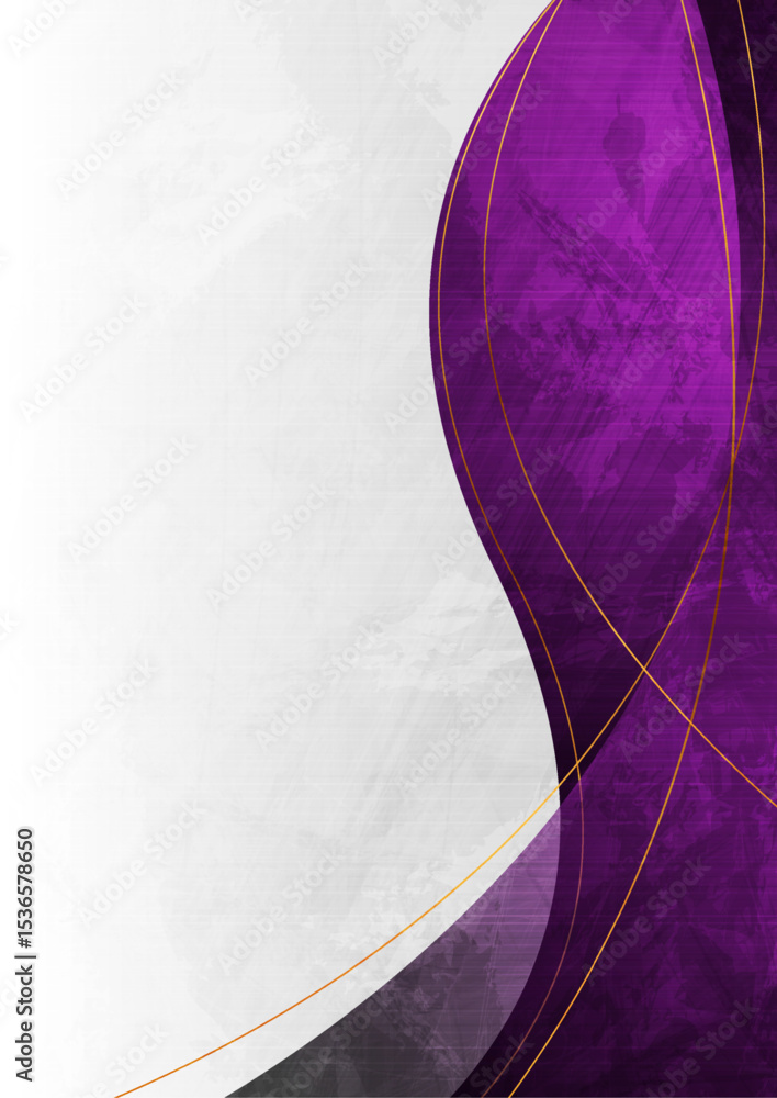 Poster grey and violet grunge abstract wavy background with golden curved lines. retro vector flyer design