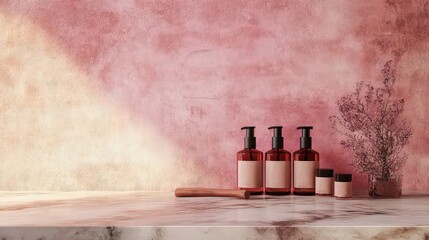 Cosmetic bottles and jars on a light pink background.