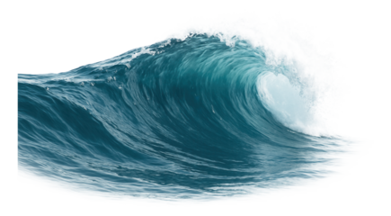 Dynamic ocean wave curling with foamy crest and rich blue hues on transparent background.
