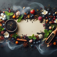 A flat lay of various tea leaves, fruits, and spices arranged around a blank parchment. Elements include mint, strawberries, blueberries, and cinnamon sticks.
