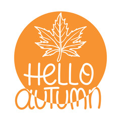 A circular design featuring an orange background with a stylized maple leaf and the text 'Hello Autumn' in a playful font.