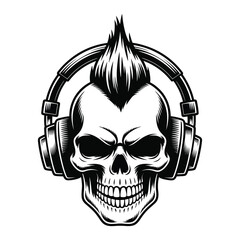 Stylized skull wearing headphones with spiky hair in black and white vector illustration, perfect for music or halloween design, isolated on white

