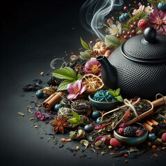 A black teapot surrounded by various herbs, spices, and colorful flowers. Smoke rises from the teapot, creating a calming atmosphere.
