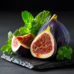Fresh figs sliced and displayed with fresh mint.