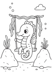 Coloring book seahorse happily swinging on an underwater swing between two rocks