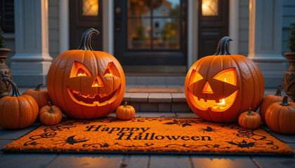 Two glowing jack o lantern pumpkins on a doorstep with a festive Happy Halloween mat, symbolizing spooky autumn holiday decoration. Perfect for seasonal design, party invitations, and festive backgrou