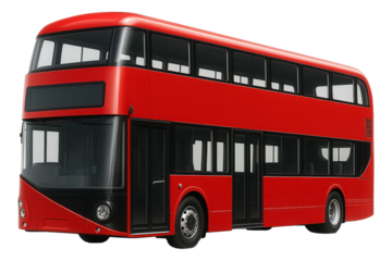 Modern red double-decker bus with black accents featuring large windows and front doors on transparent background.