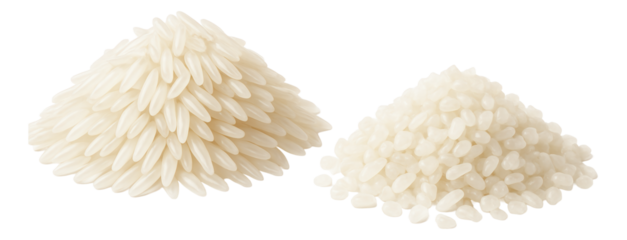 Pile of translucent rice grains next to a heap of small white pebbles on transparent background.