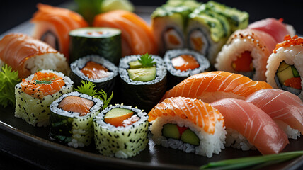 A vibrant sushi assortment showcasing various rolls and nigiri, perfect for restaurant menus or culinary blogs. High-quality food photography ideal for print and web use.