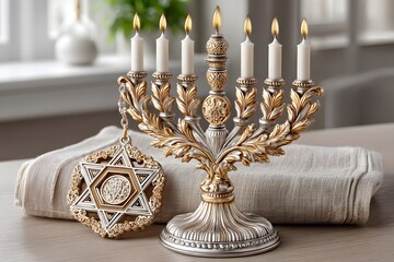 Vintage hanukkah lamp glowing beside ornament high resolution picture
