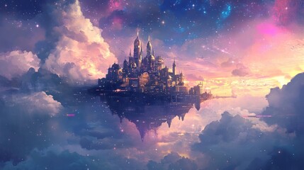 Obraz premium Floating city in a vibrant sky wallpaper