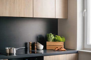 Modern kitchen interior with black countertop and wooden storage