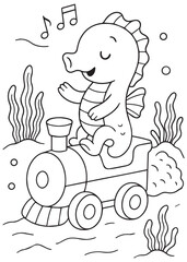 Coloring book seahorse riding a toy train underwater with musical notes